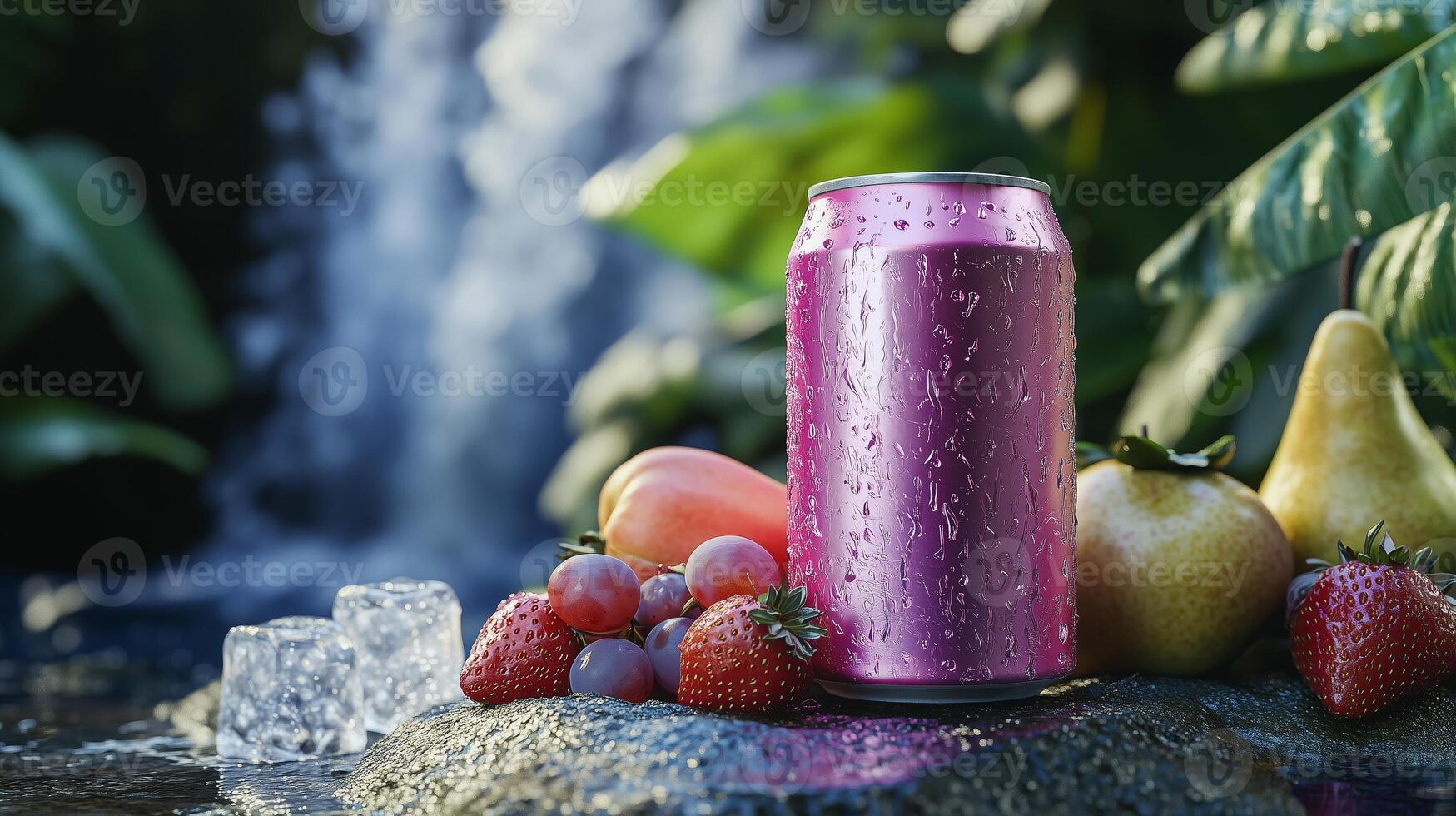 Refreshing drink with fruits and ice near a waterfall in a lush green setting on a sunny day photo