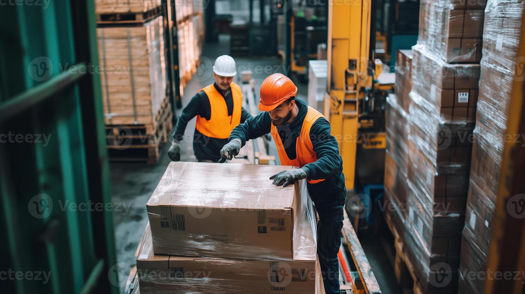 Warehouse workers efficiently stacking cardboard boxes on pallets during a busy shipping period in an industrial facility photo