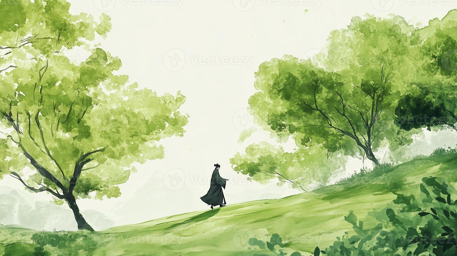 A person in traditional attire walking through a verdant landscape surrounded by lush trees on a serene day photo