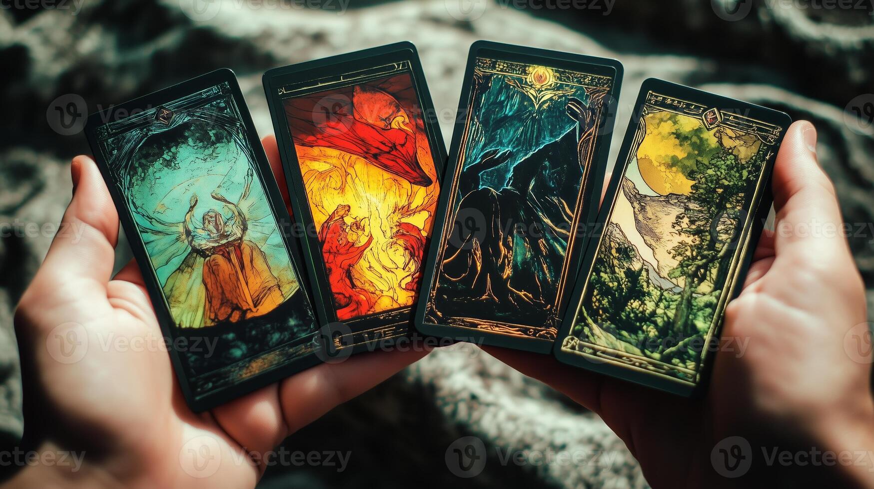 Exploring tarot card readings with vibrant artwork in a serene outdoor setting during golden hour light photo