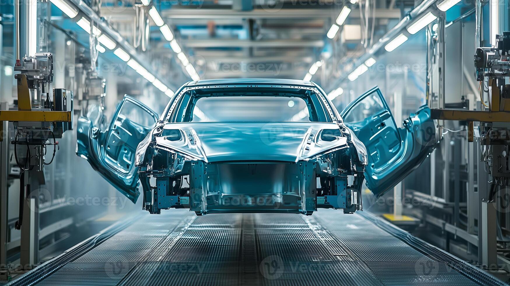 A car body suspended in a factory assembly line with doors open, showcasing the manufacturing process and modern industry technology photo