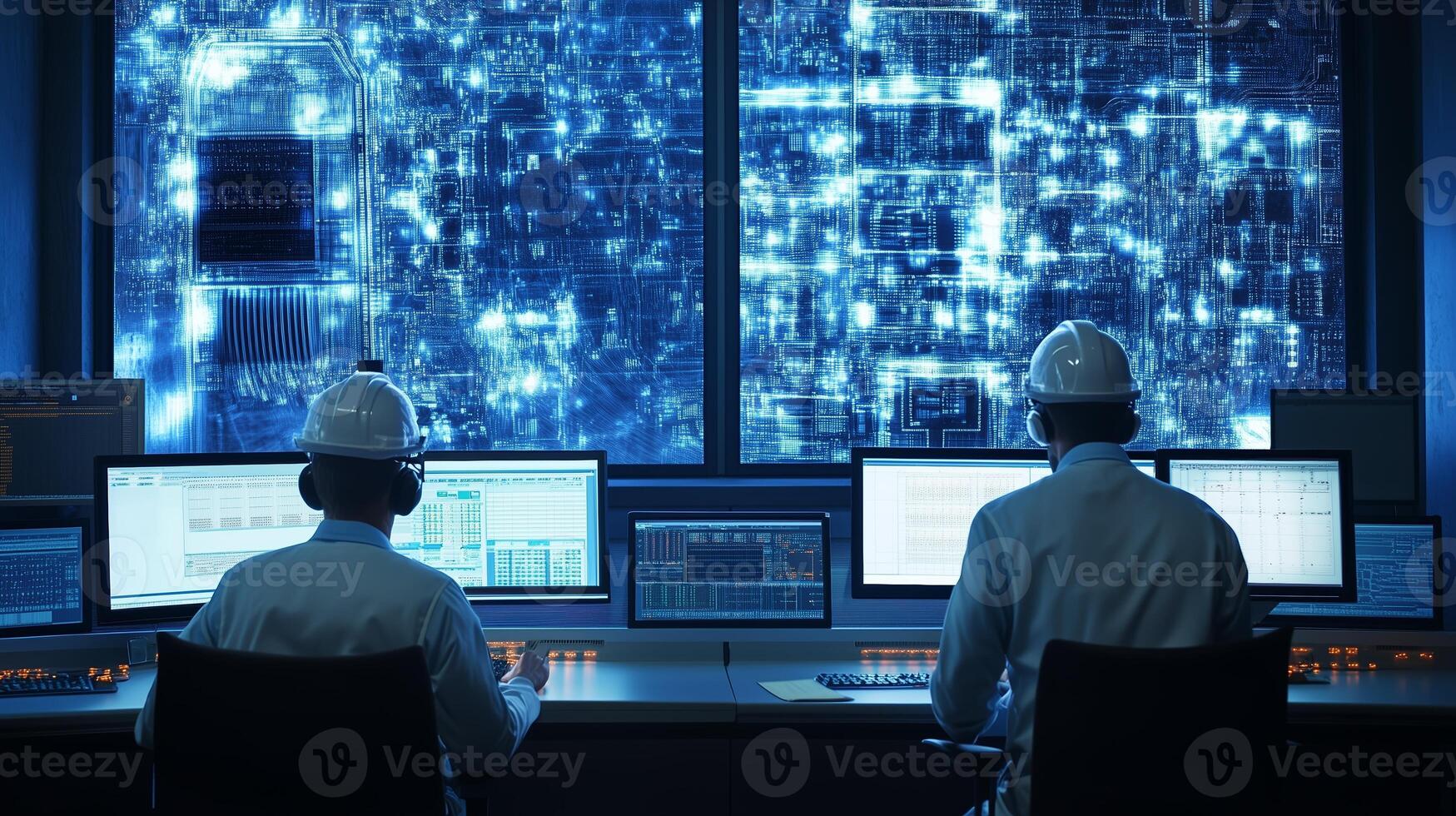 Engineers monitoring data analytics in a control room with advanced technology at night photo