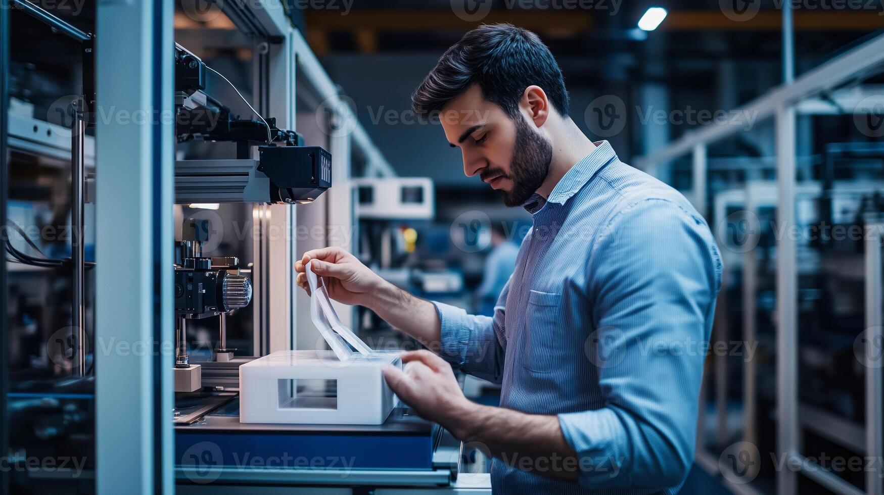 A technician working on a pressing machine in an advanced manufacturing facility during evening hours, focusing on quality control tasks photo