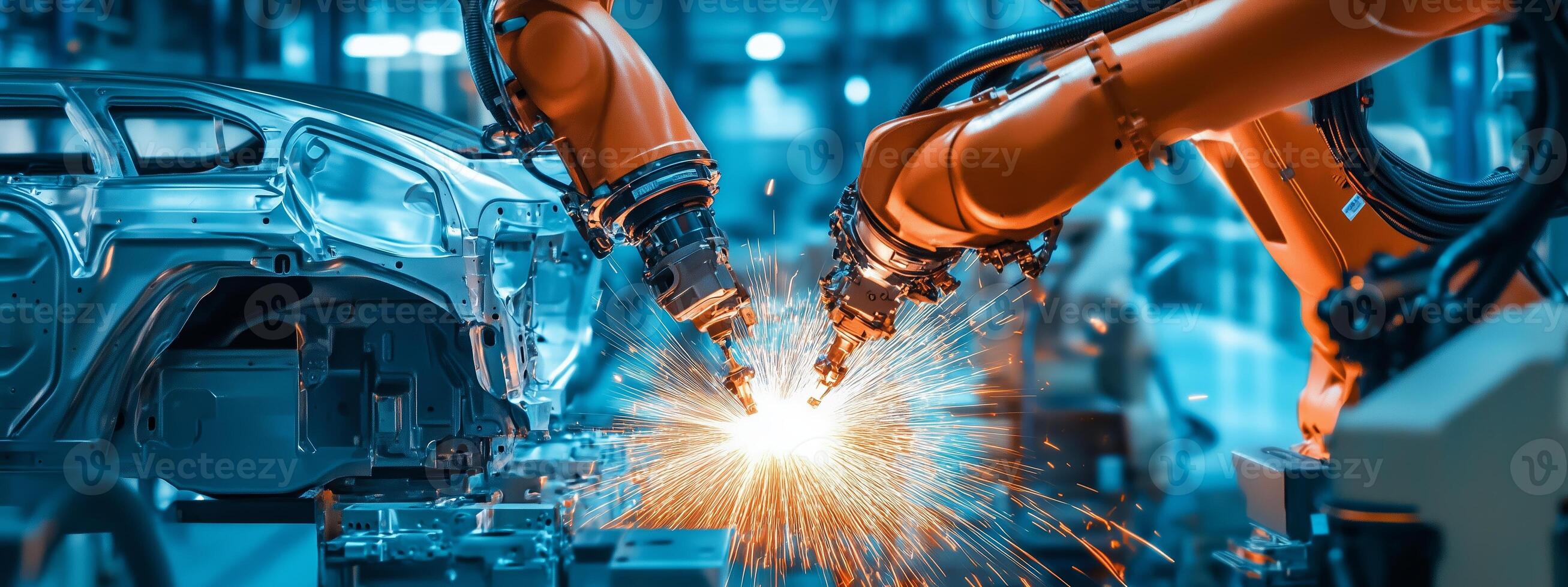 Robotic arms welding components in an automotive manufacturing facility during bright daytime operations photo
