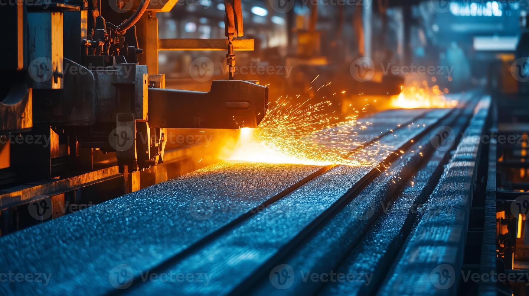 Sparks fly during steel manufacturing in a factory showcasing intense industrial activity and vibrant lighting photo