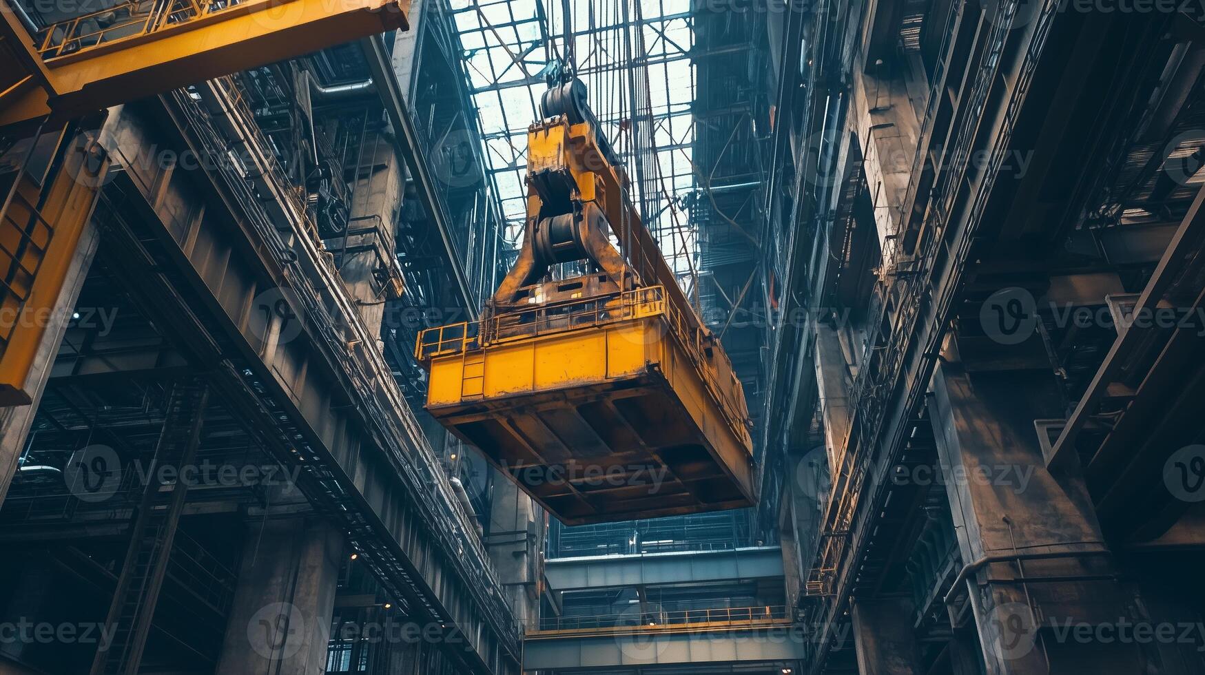 Heavy machinery operating in an industrial warehouse during the day with beams of light filtering through the roof photo