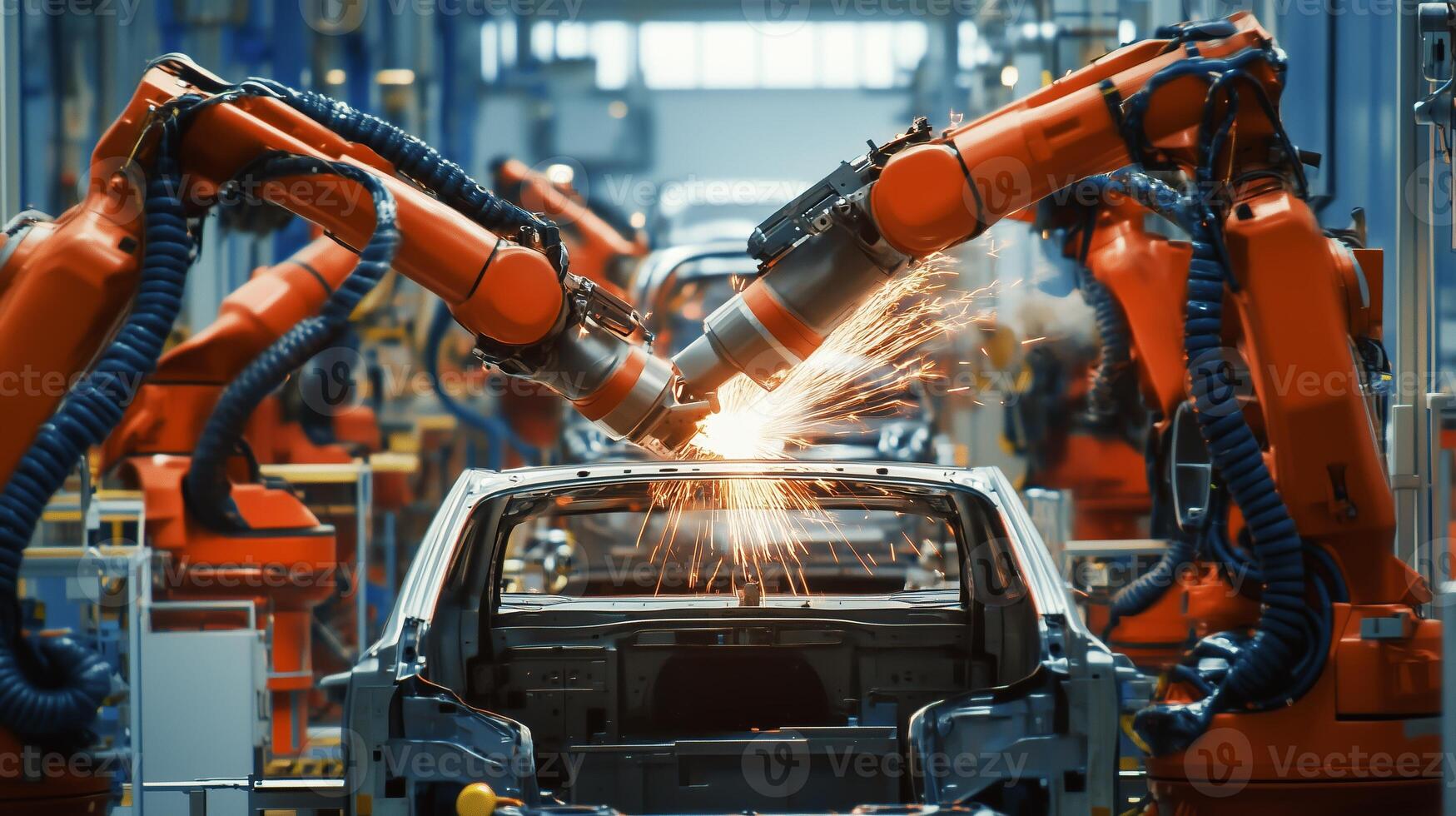 Robotic arms performing welding tasks in an automotive manufacturing facility during a busy production day photo