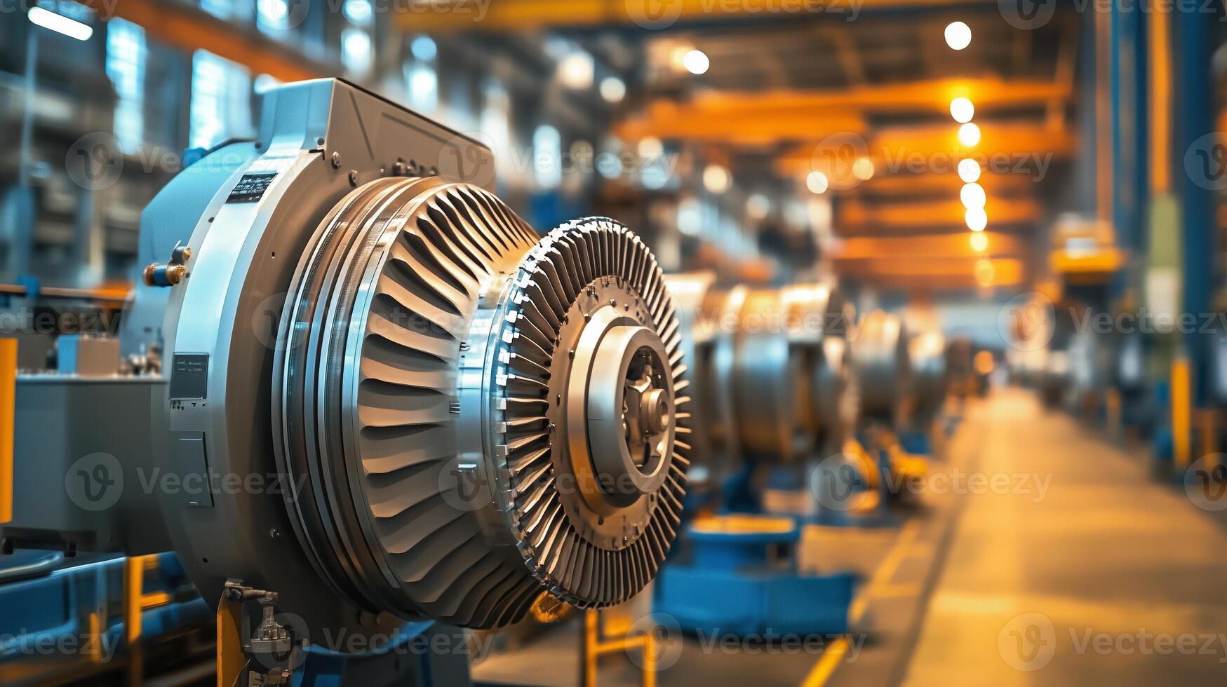 Turbine engine components displayed in a well-lit industrial manufacturing facility during daytime operations photo