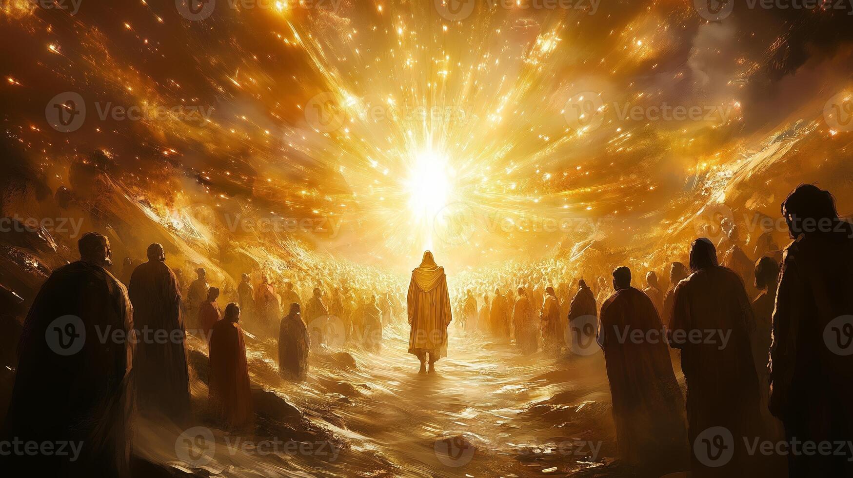 A luminous figure stands amidst a vast crowd in a golden-hued setting, symbolizing hope and connection in a celestial landscape photo