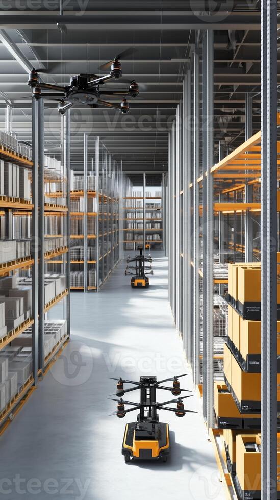 Warehouse automation with drones and robots coordinating for efficient inventory management in a modern facility photo