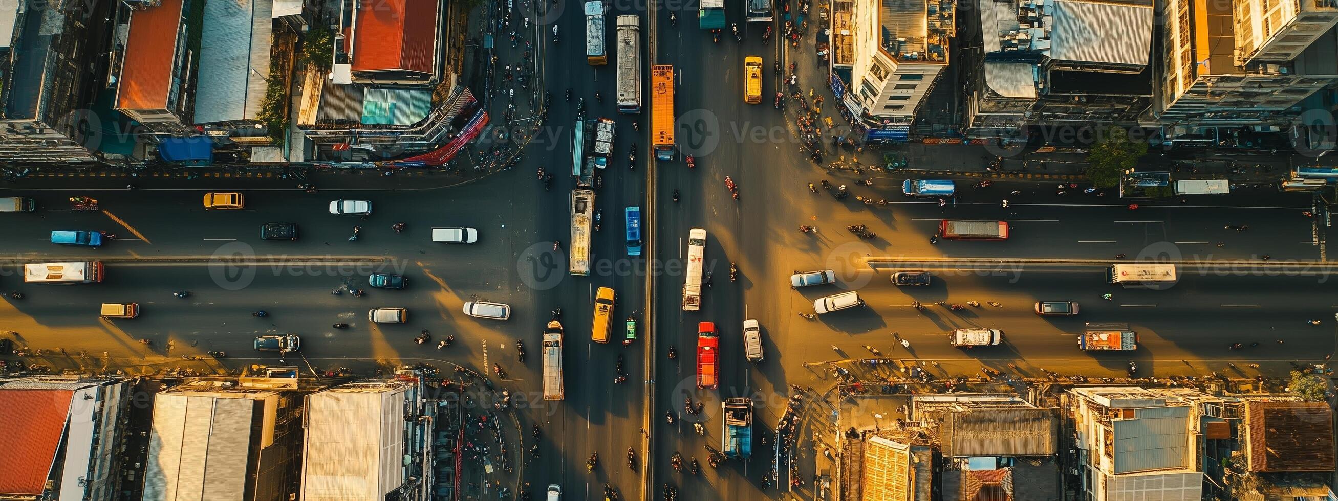 Aerial view of busy urban intersection with cars, buses, and pedestrians in vibrant city during late afternoon photo