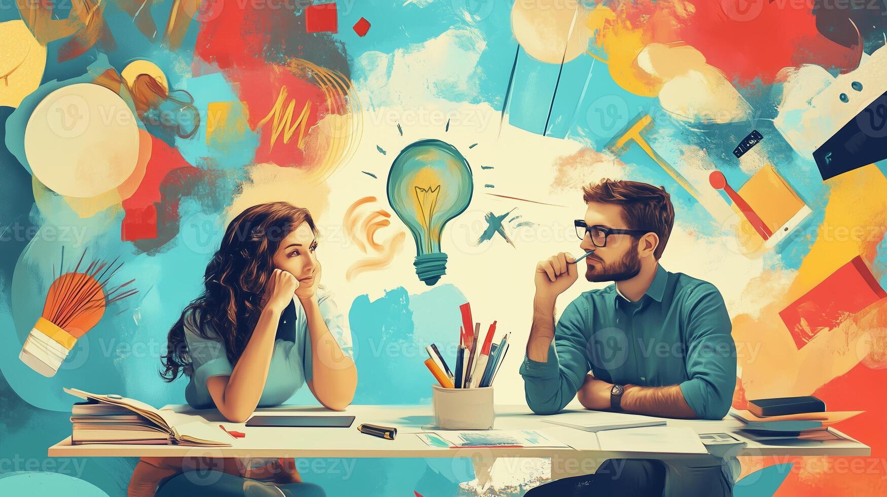 Two creative individuals engaged in brainstorming at a vibrant workspace filled with art supplies and ideas on a sunny day photo