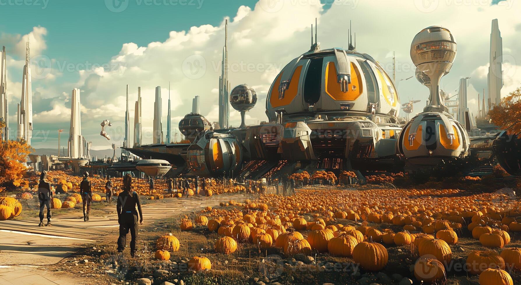 Futuristic landscape with people walking among pumpkin patches in an advanced settlement under a vibrant sky photo