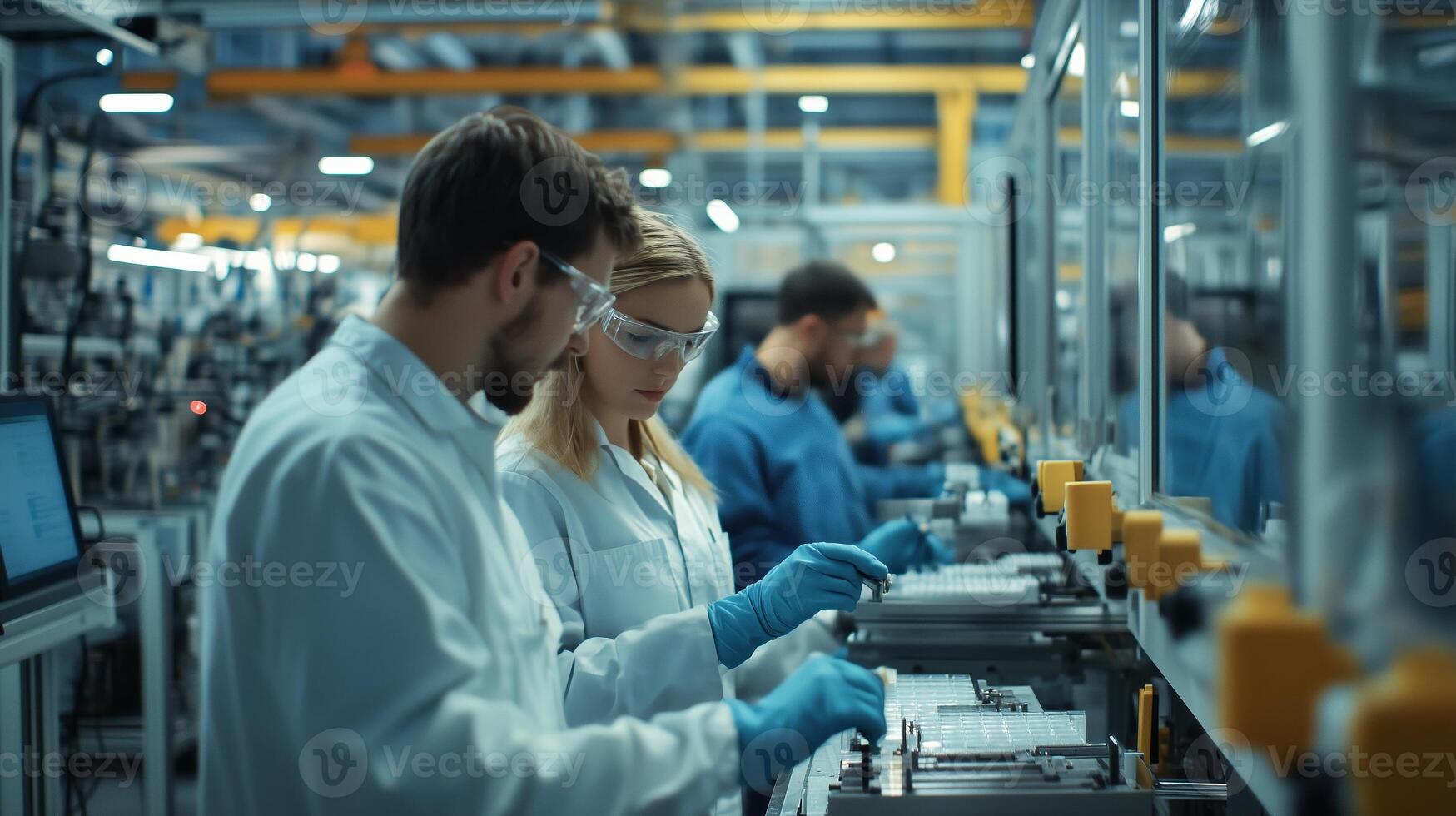 Workers collaborating in a manufacturing facility, assembling electronic components during daylight hours photo