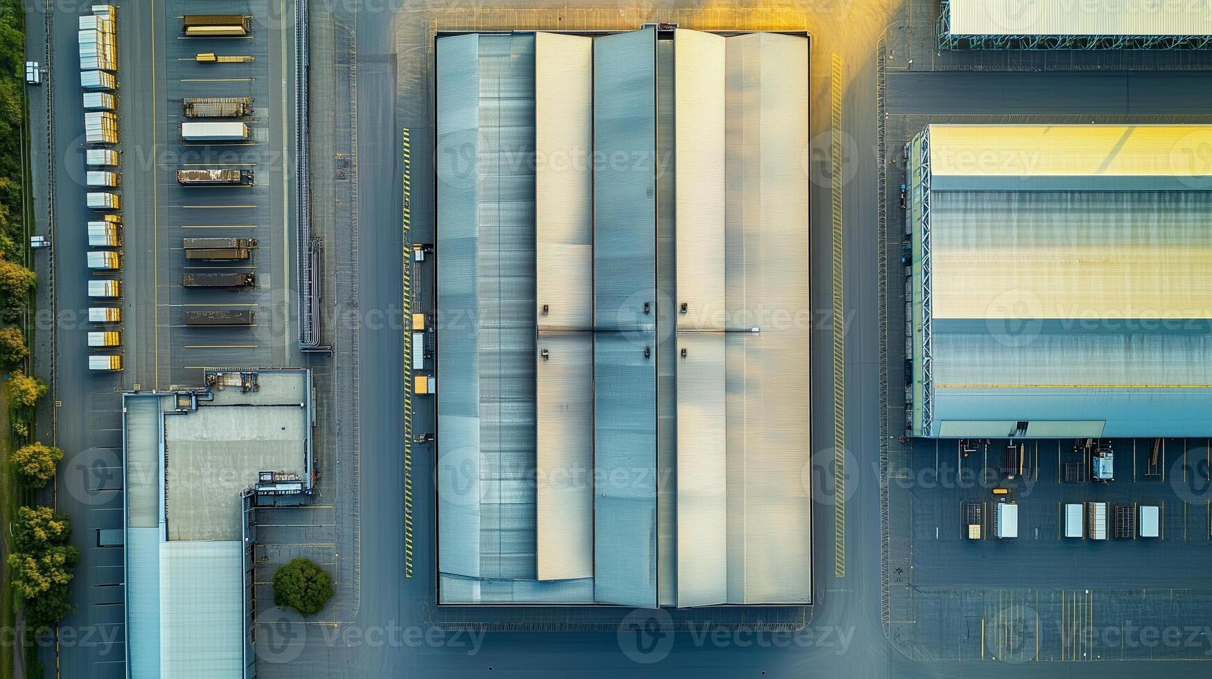 Aerial view of modern industrial warehouses with trucks parked in a logistics facility during golden hour photo