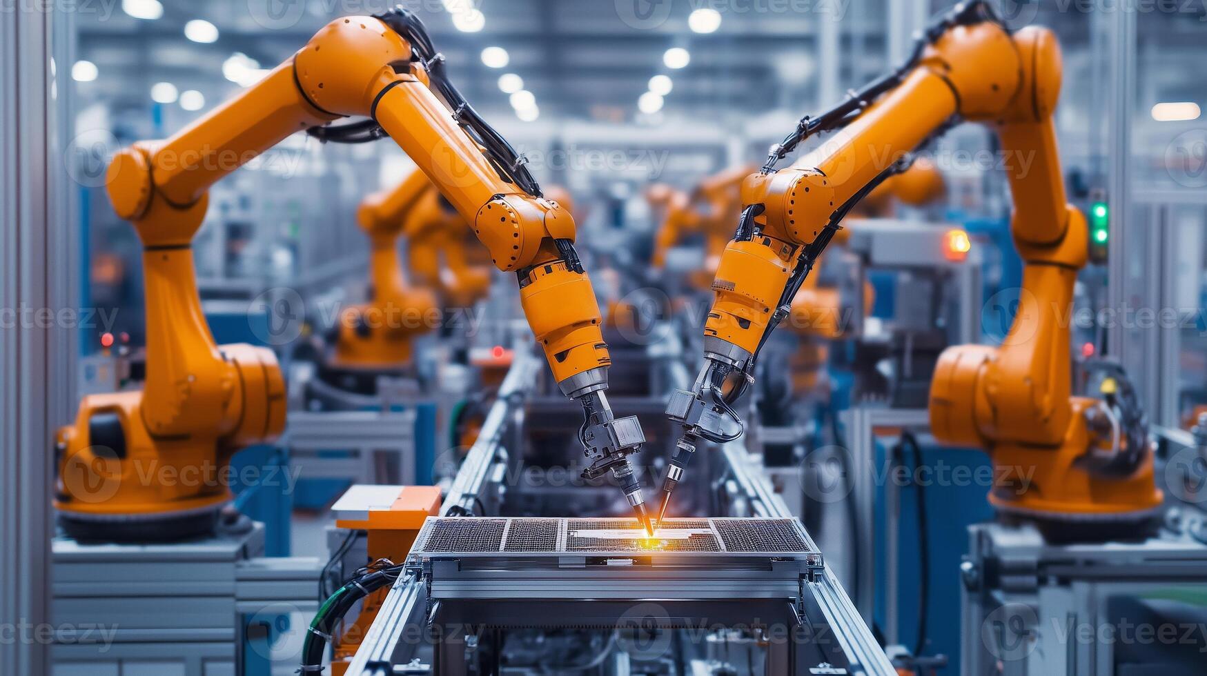 Advanced robotic arms welding metal parts in a busy factory during daylight hours in an automated manufacturing facility photo