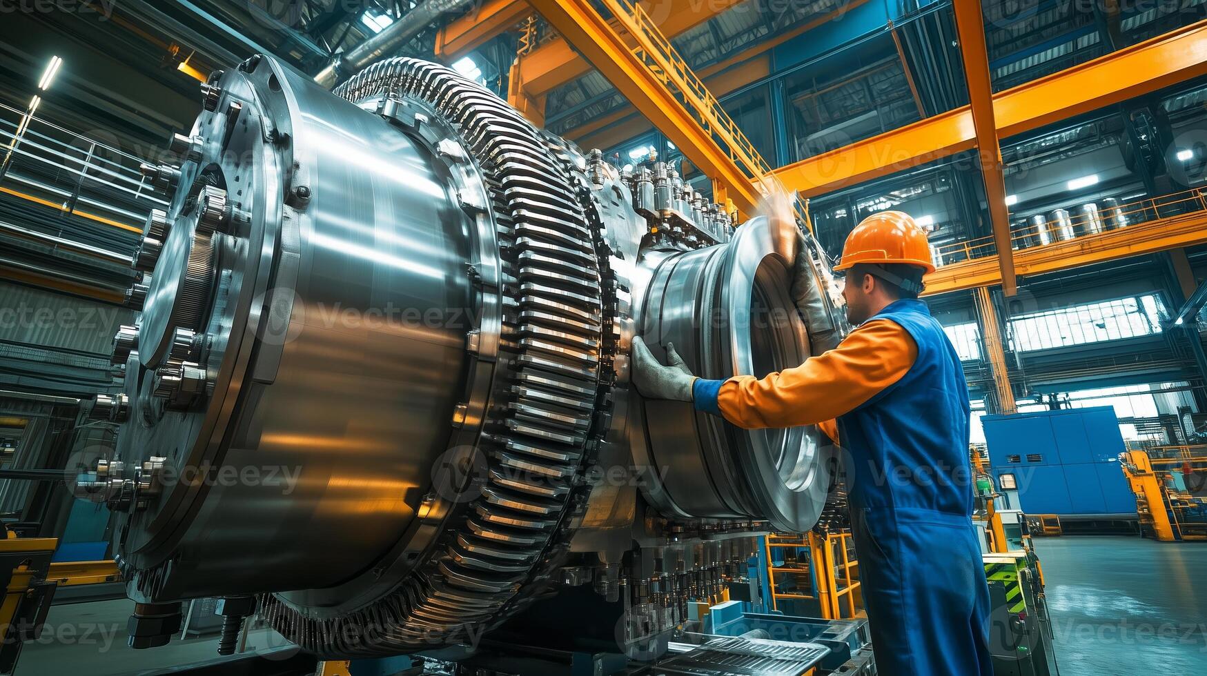 Technician assembling a large industrial turbine in a manufacturing facility during daylight hours photo