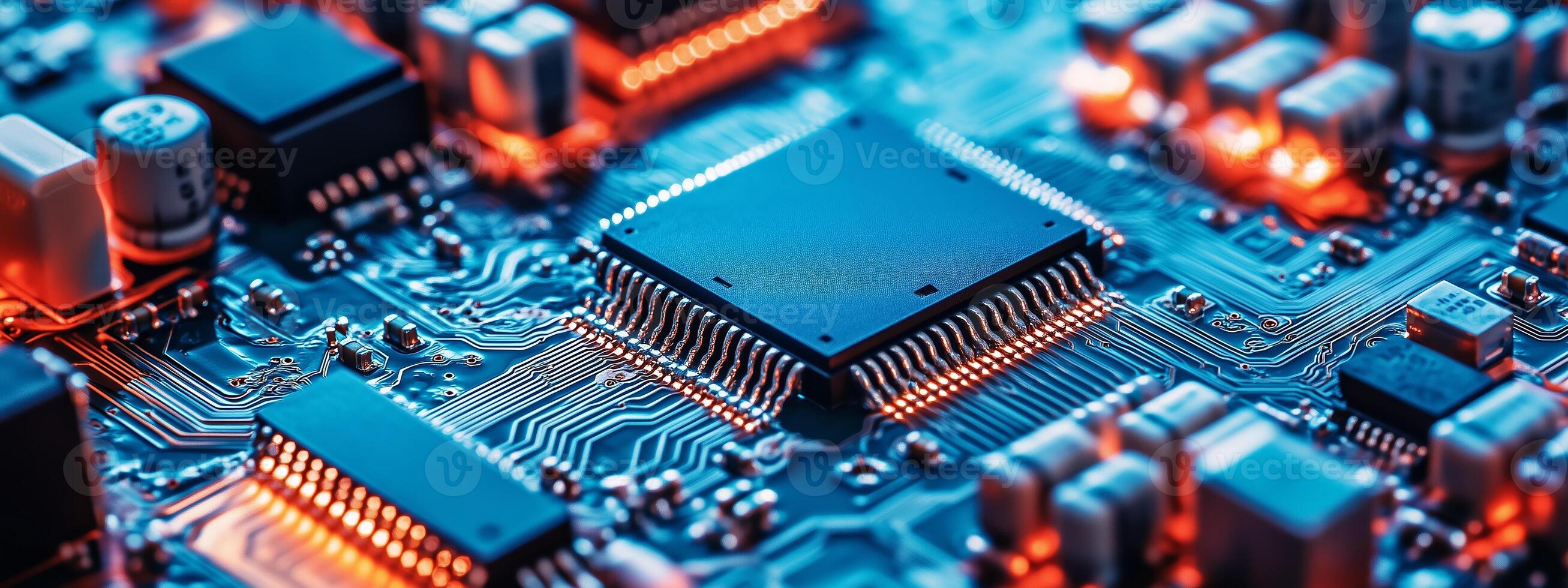 Close-up view of a circuit board with glowing components in vibrant blue and orange colors photo