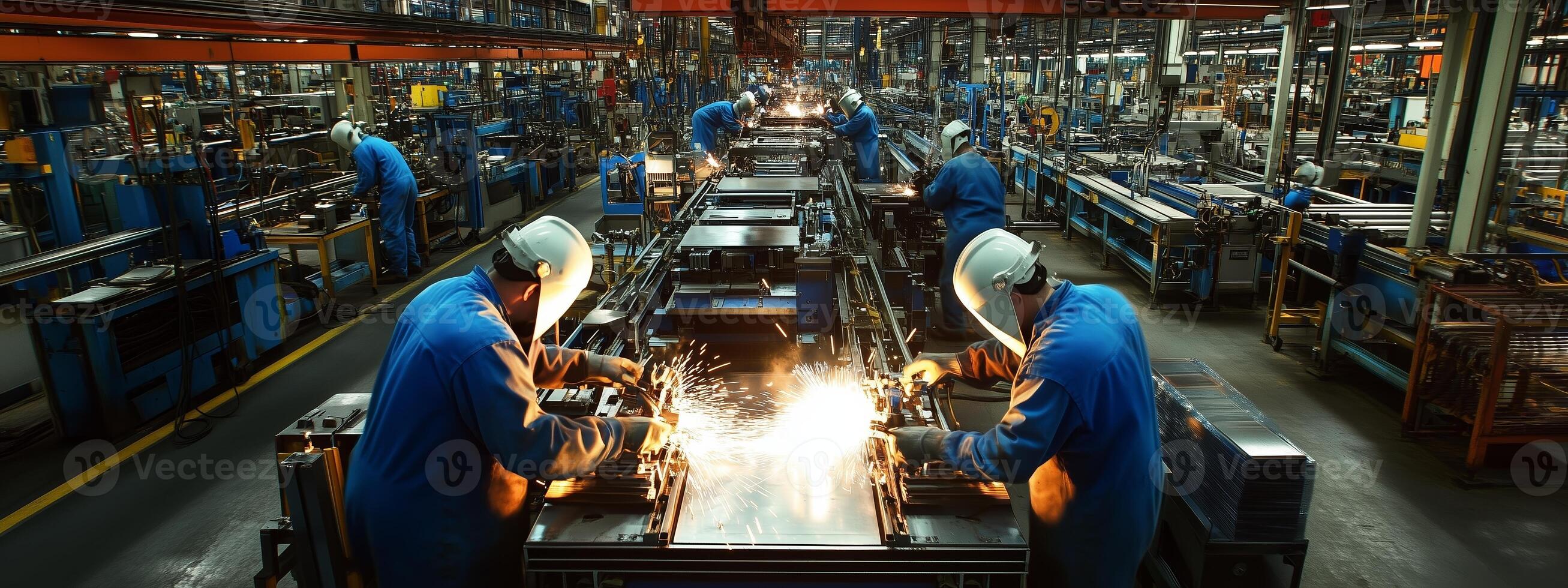 Workers engaged in metal fabrication at a busy industrial factory during evening hours photo
