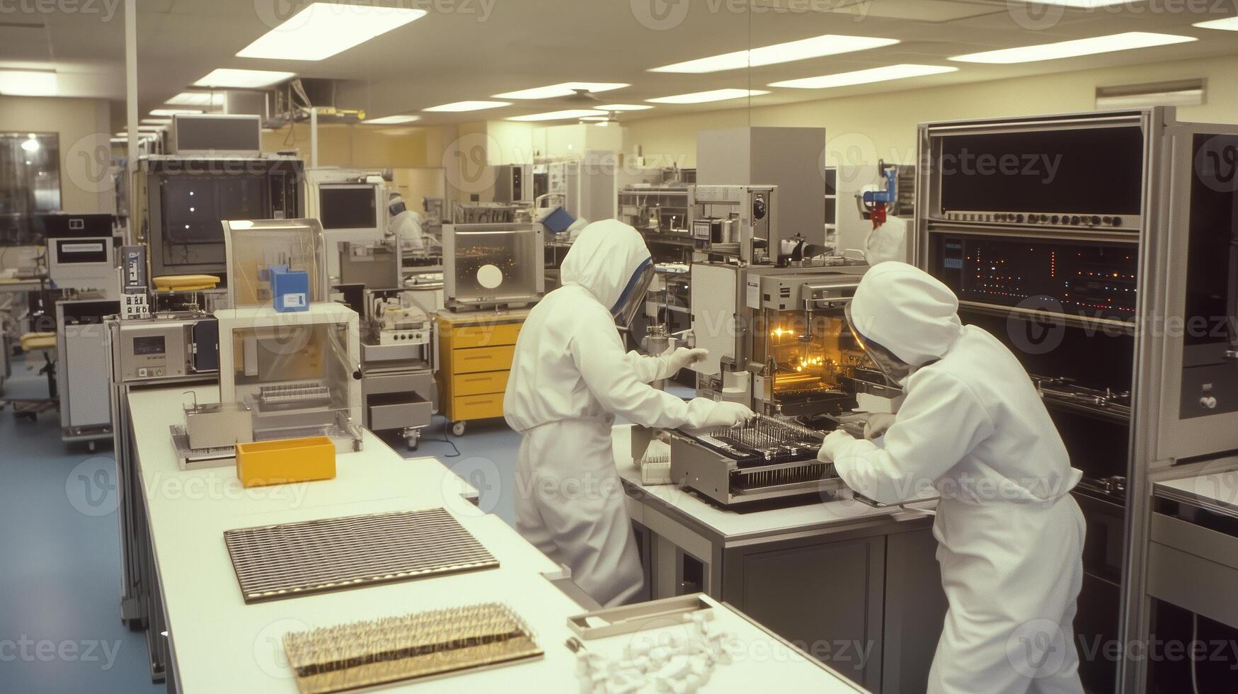 Scientists in protective gear working on advanced laboratory equipment in a clean room during a research project photo