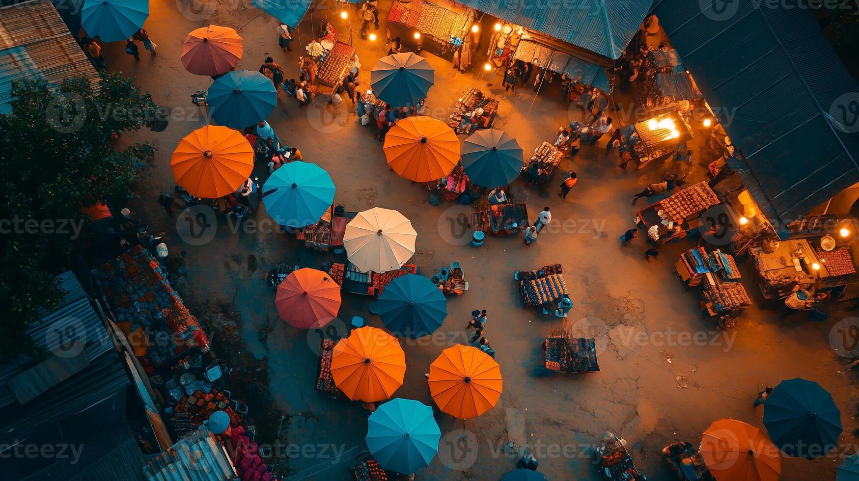 Colorful market scene at night with umbrellas and bustling activity in an outdoor bazaar photo