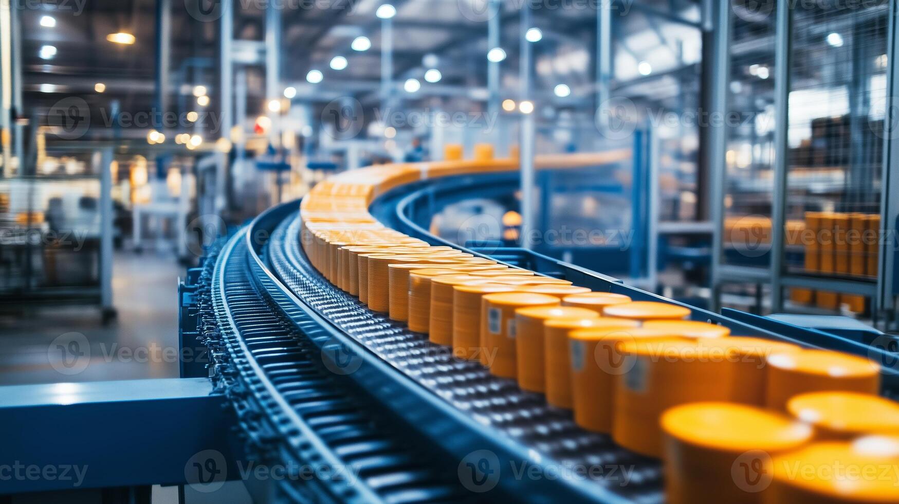 Automated production line with yellow containers moving through a factory in a modern manufacturing facility photo