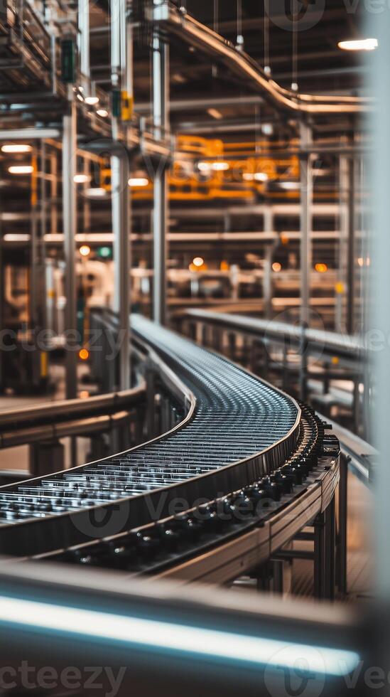 Industrial conveyor belt system operating efficiently in a large warehouse during the daytime photo