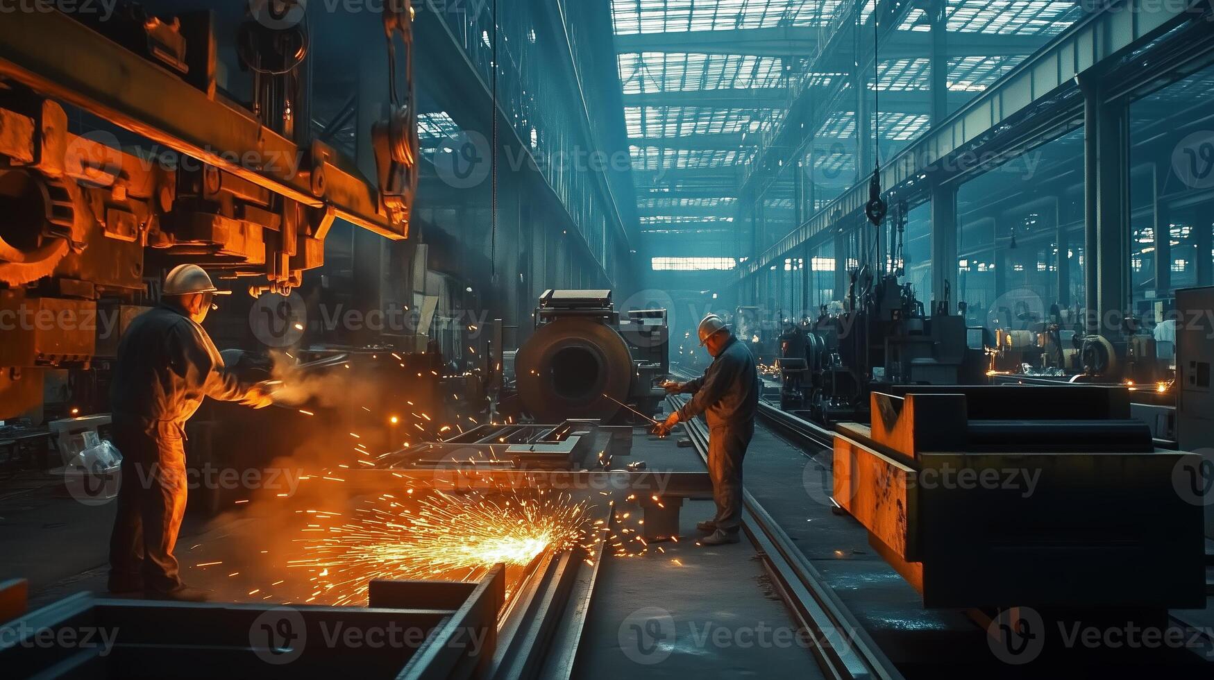 Workers engaged in metal forging within a spacious industrial workshop during daylight hours photo