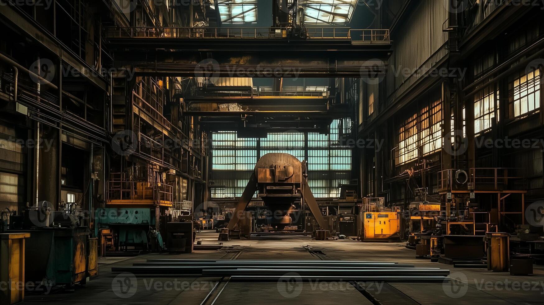 Abandoned industrial workshop with large machinery and overhead cranes, showing remnants of past work in a dimly lit space photo