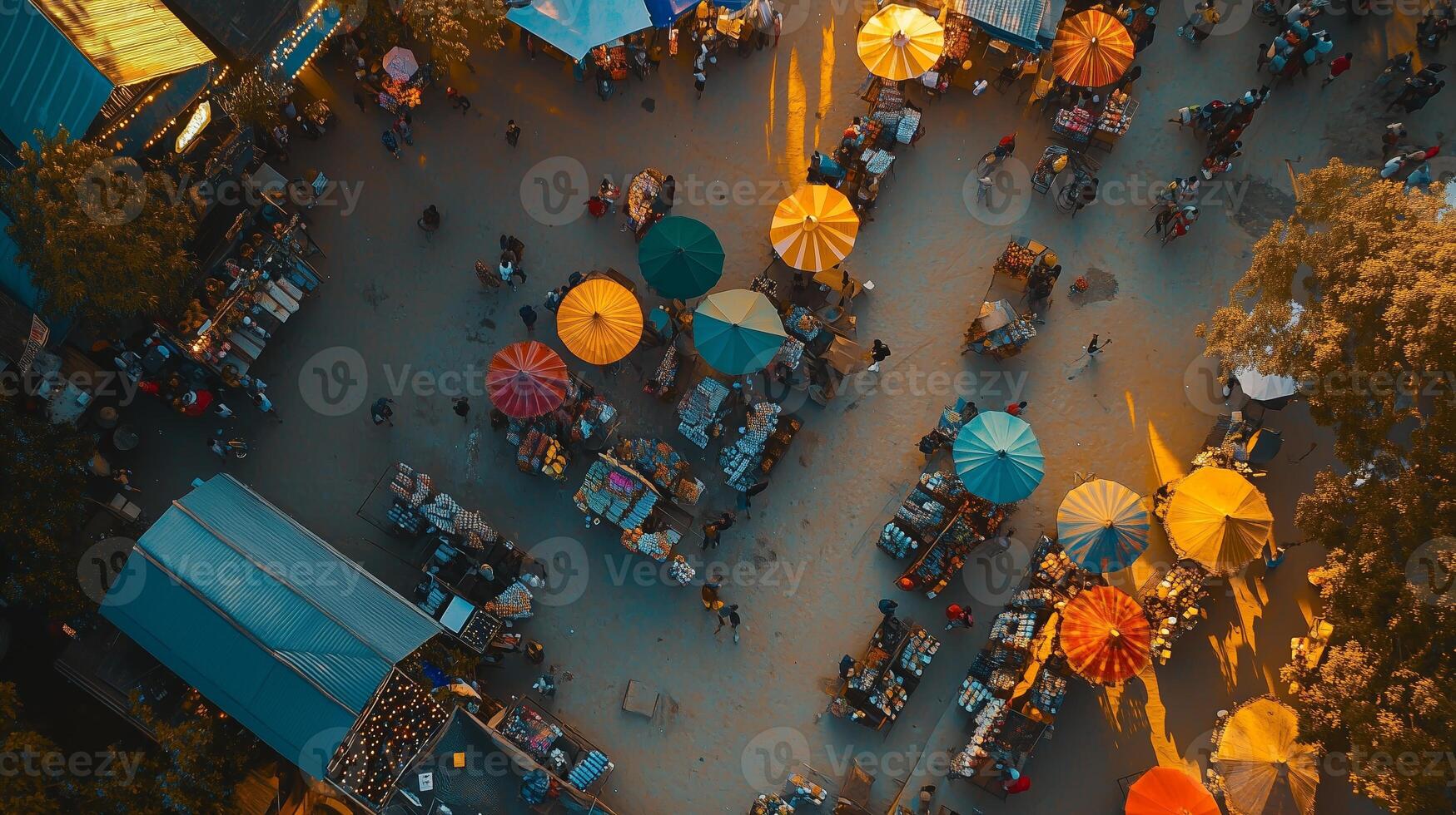 Colorful market stalls under vibrant umbrellas during golden hour in a bustling outdoor marketplace photo