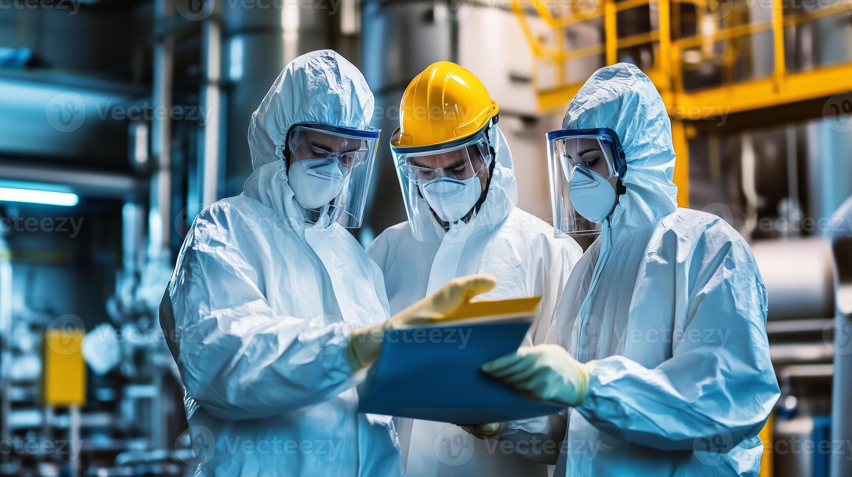 Medical professionals in protective gear collaborate on safety protocols in a manufacturing facility during daylight hours photo