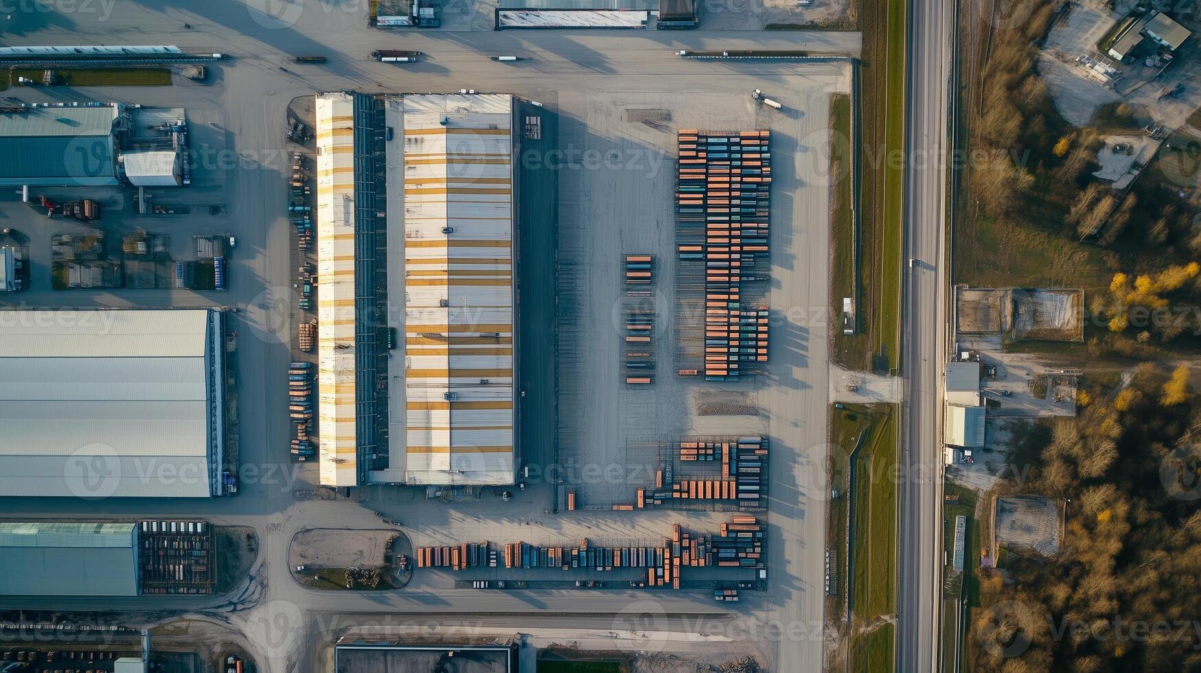 Aerial view of a busy logistics facility with numerous cargo containers and warehouses during daylight hours in an industrial area photo