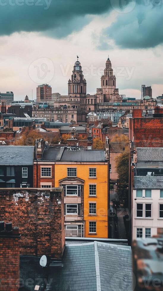 Yellow building stands out among rooftops with historic architecture in urban skyline on a cloudy day photo