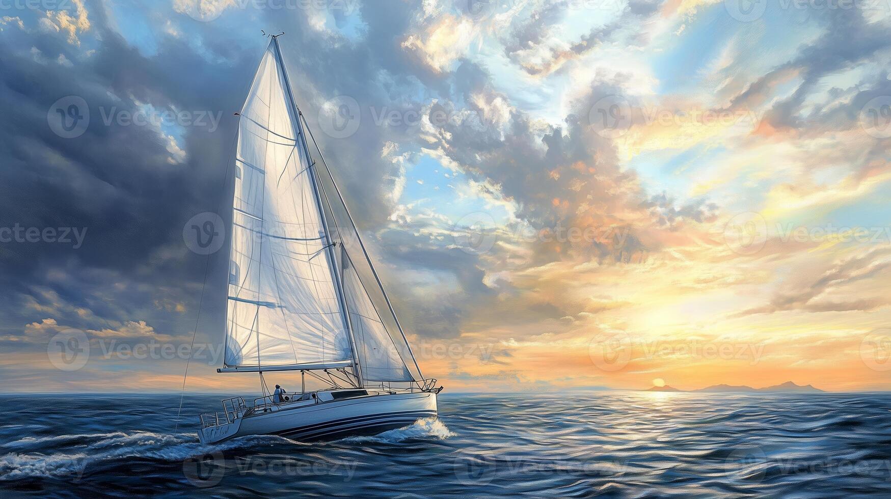 A sailing yacht glides across the ocean waves at sunset with dramatic clouds and vibrant colors in the sky photo