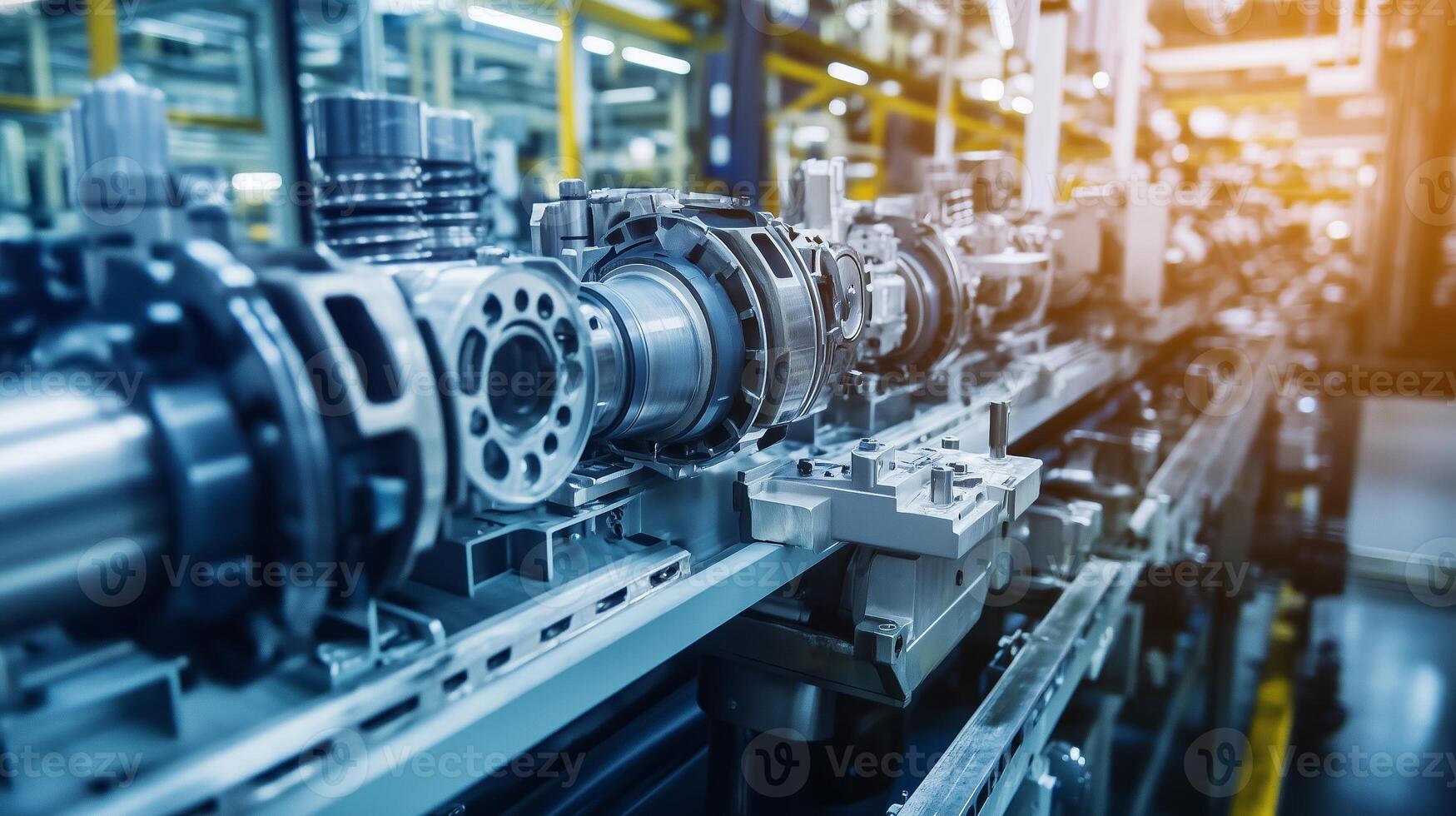 Industrial manufacturing machinery in action at a modern factory, showcasing intricate components and assembly line activity photo