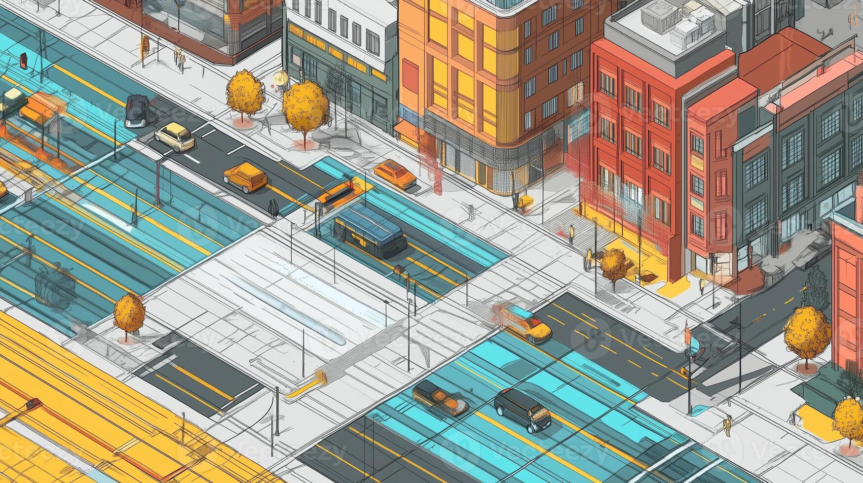 A vibrant urban intersection showing vehicles and pedestrians during the day in a modern cityscape with colorful street markings photo