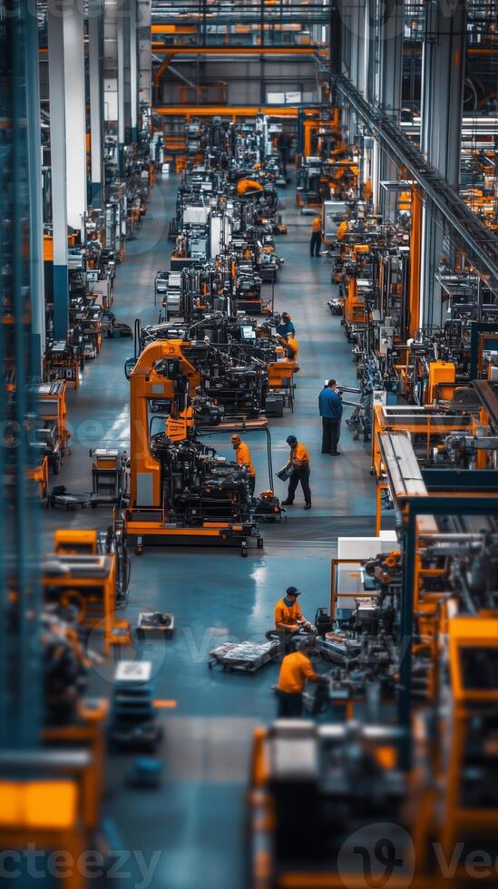 Workers engaged in assembly and manufacturing within a large industrial facility during daylight hours in an organized production environment photo
