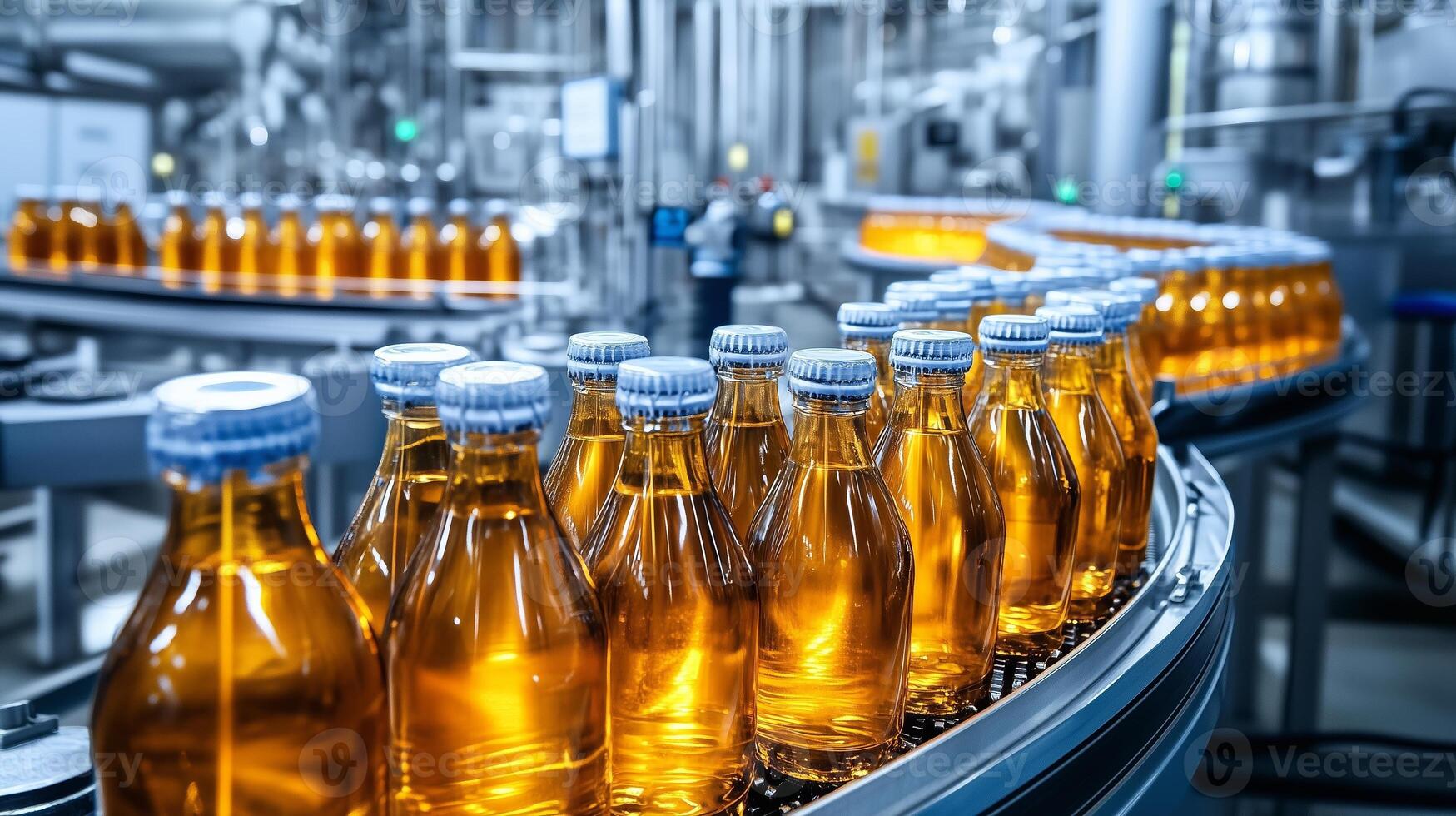 Bottles of golden beverage move along a conveyor belt in a busy production facility during the daytime photo