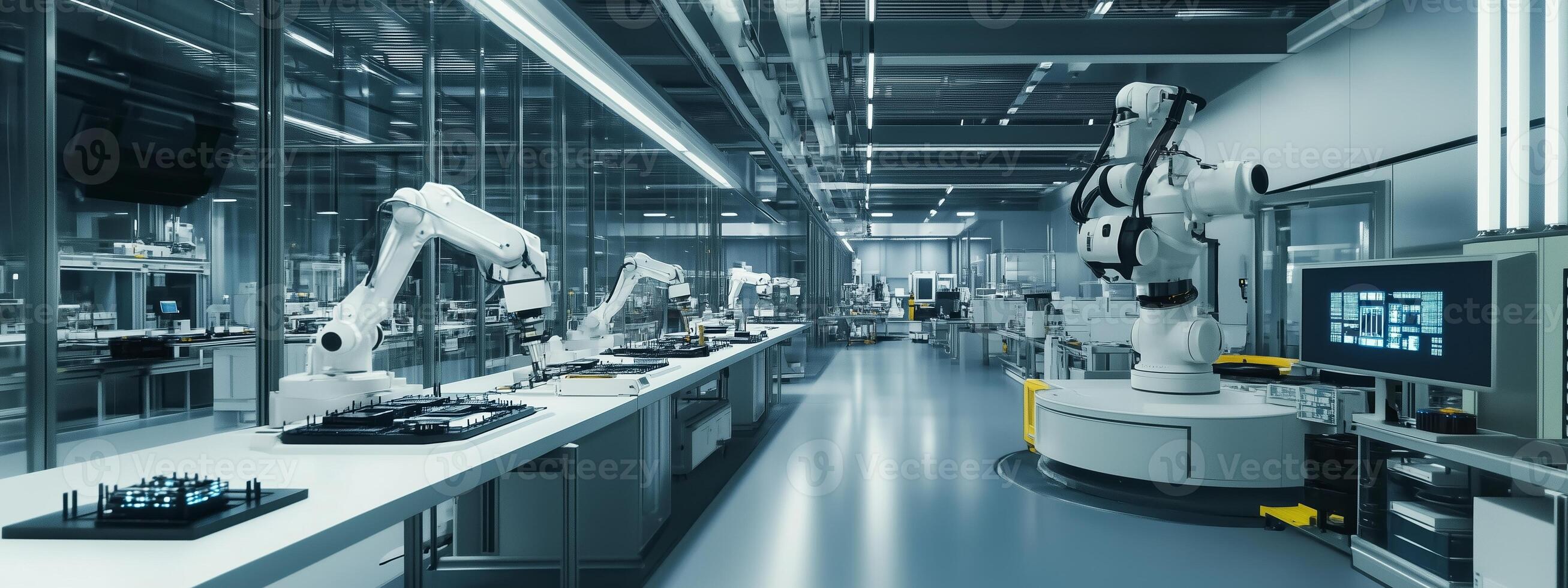 Advanced robotics laboratory showcasing automated assembly lines and precision machinery in a modern industrial setting photo