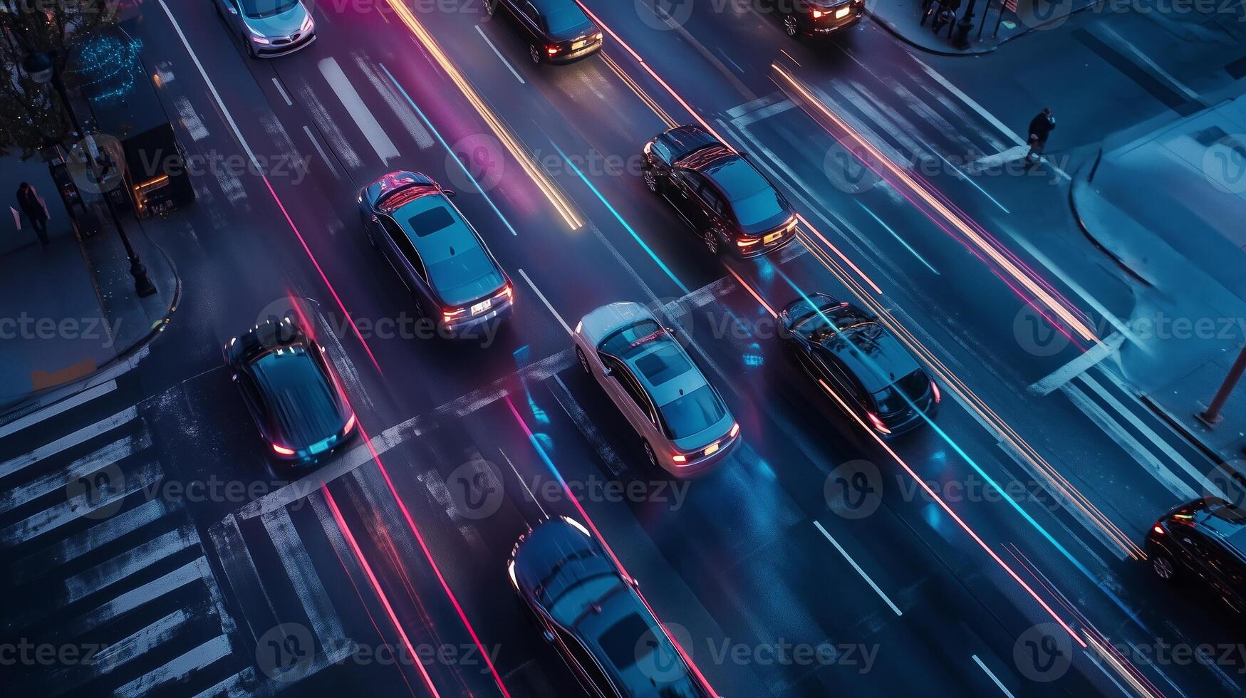 Aerial view of bustling city intersection at night with streaks of car lights and vibrant urban atmosphere photo