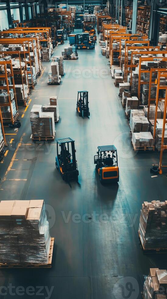 Busy warehouse with forklifts transporting goods during daylight hours in an industrial setting photo