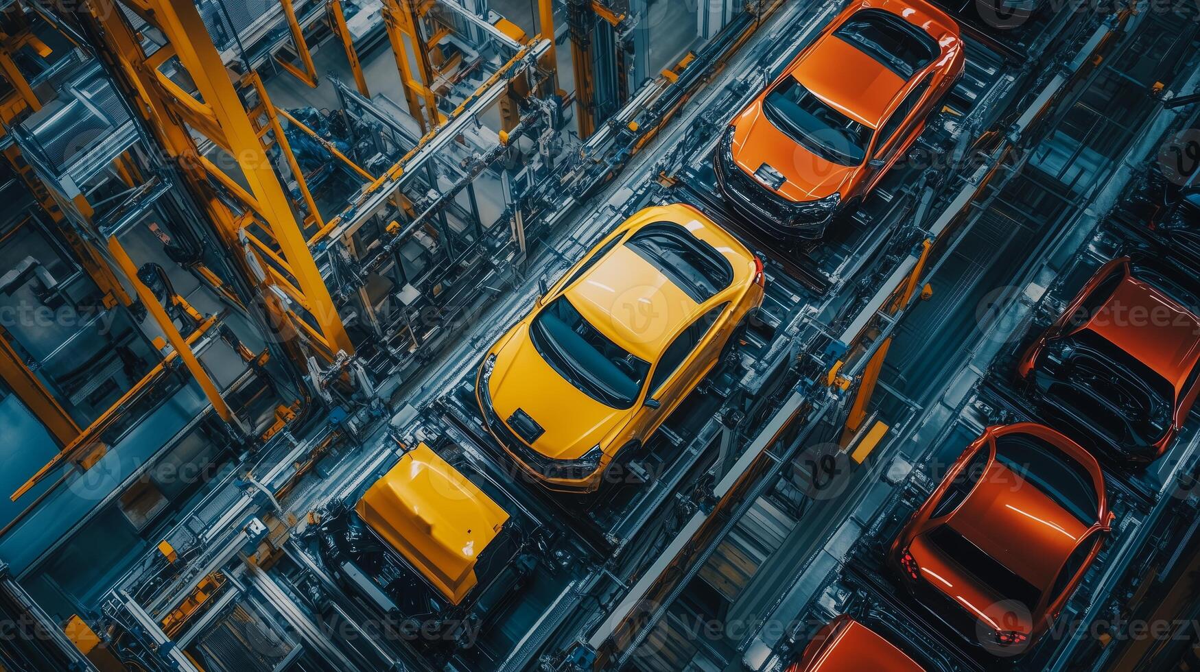 Cars on an assembly line being manufactured in a modern automotive factory during daytime operations photo