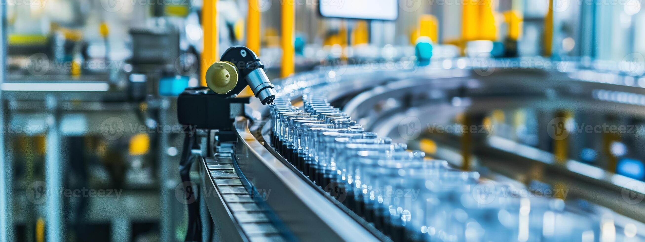 Automated production line in a modern manufacturing facility with bottles moving on conveyor during daylight hours photo