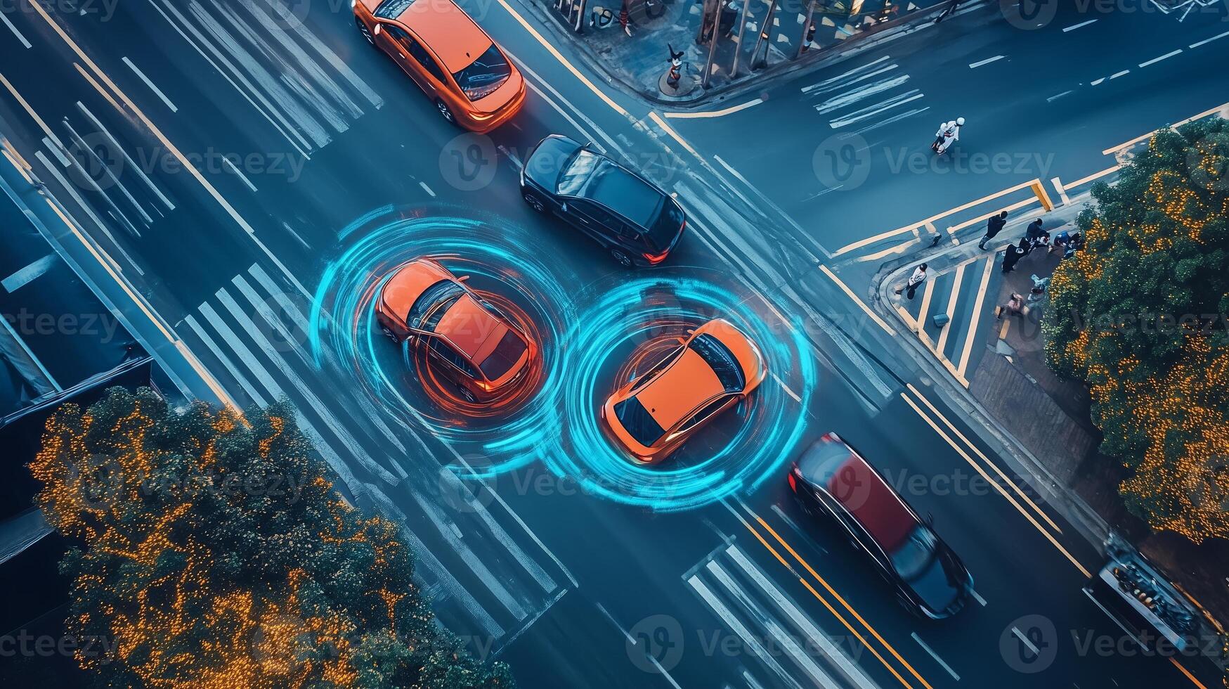 Two cars at a busy urban intersection in motion with digital analytics visualizations showing movement patterns photo