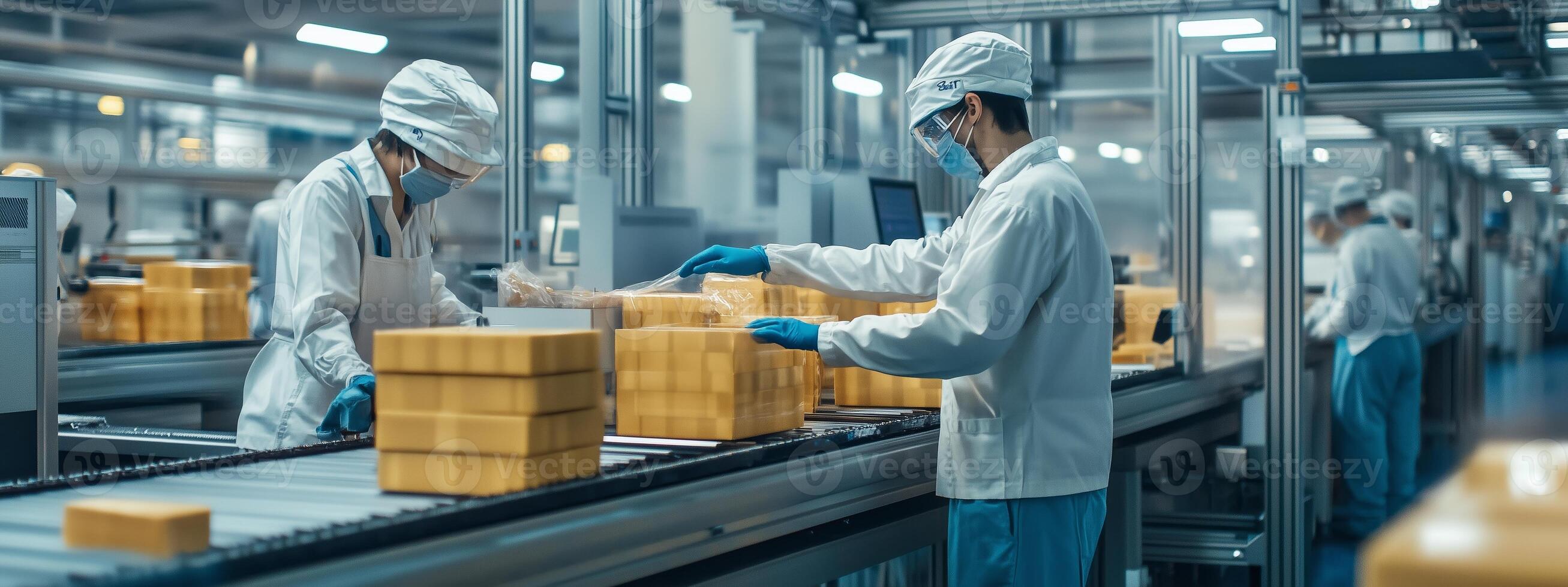 Workers in a cheese manufacturing facility packaging blocks of cheese on a conveyor line during a busy production shift photo