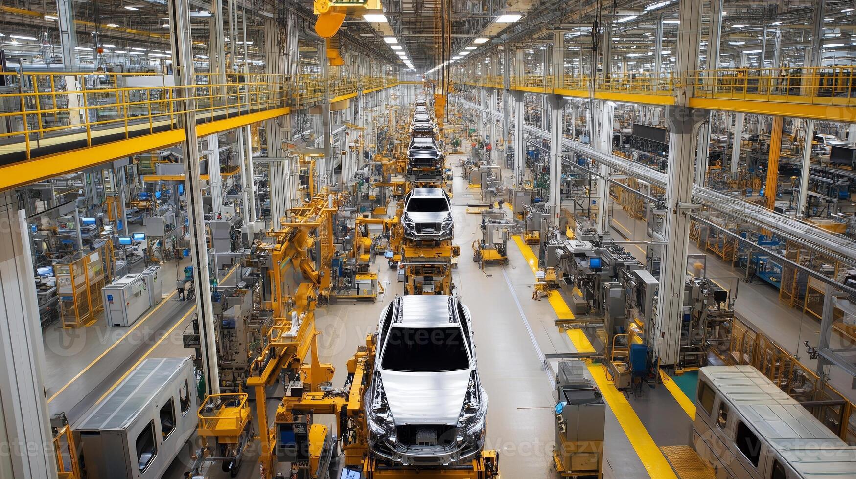 Aerial view of an automotive factory with assembly lines and robotic arms during daytime production photo