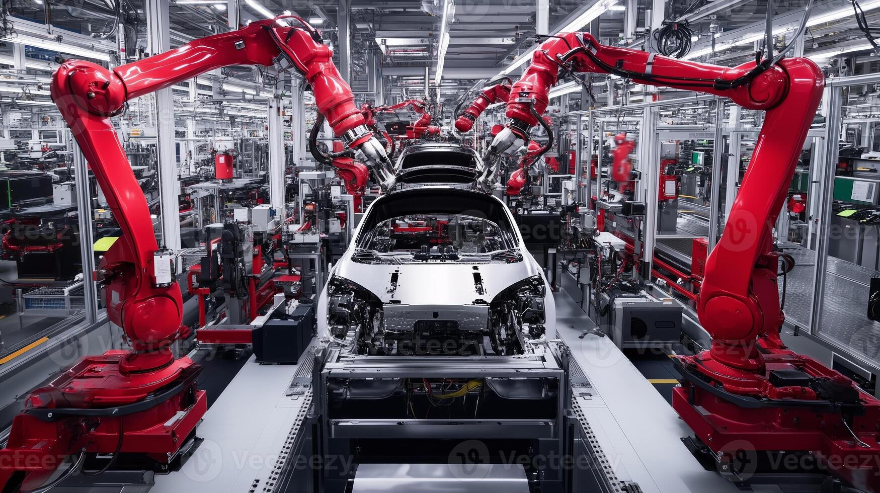 Robotic arms assembling automobiles in a modern manufacturing facility during daylight hours photo