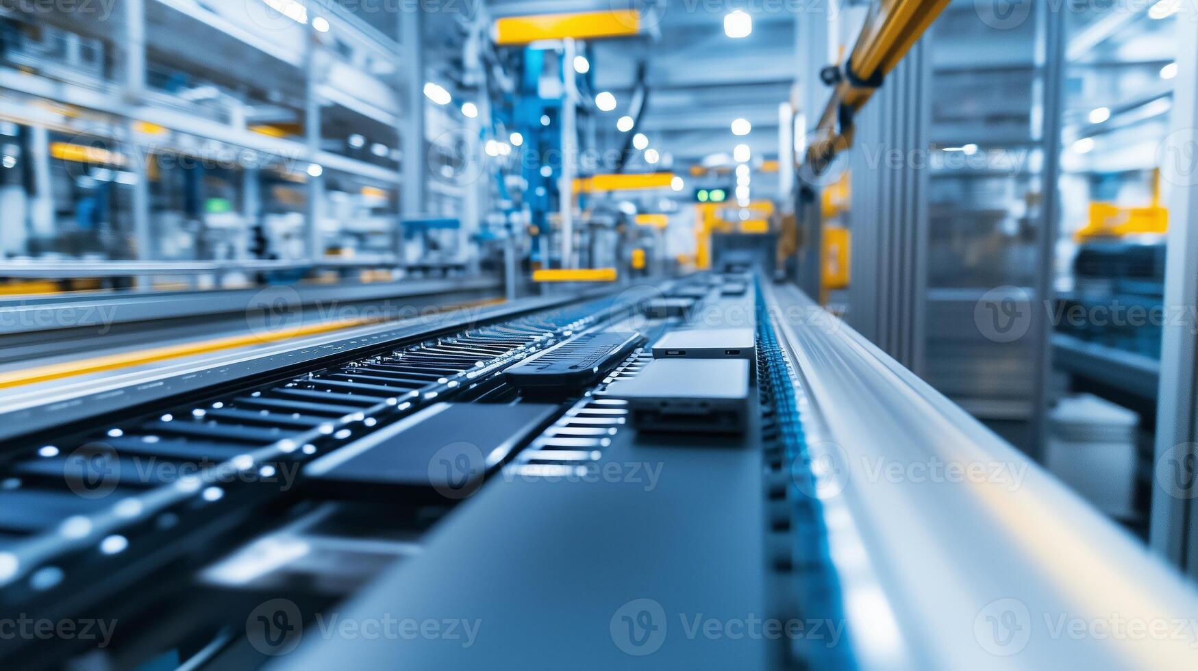 High-tech conveyor belt system efficiently transporting electronic components in a modern manufacturing facility photo