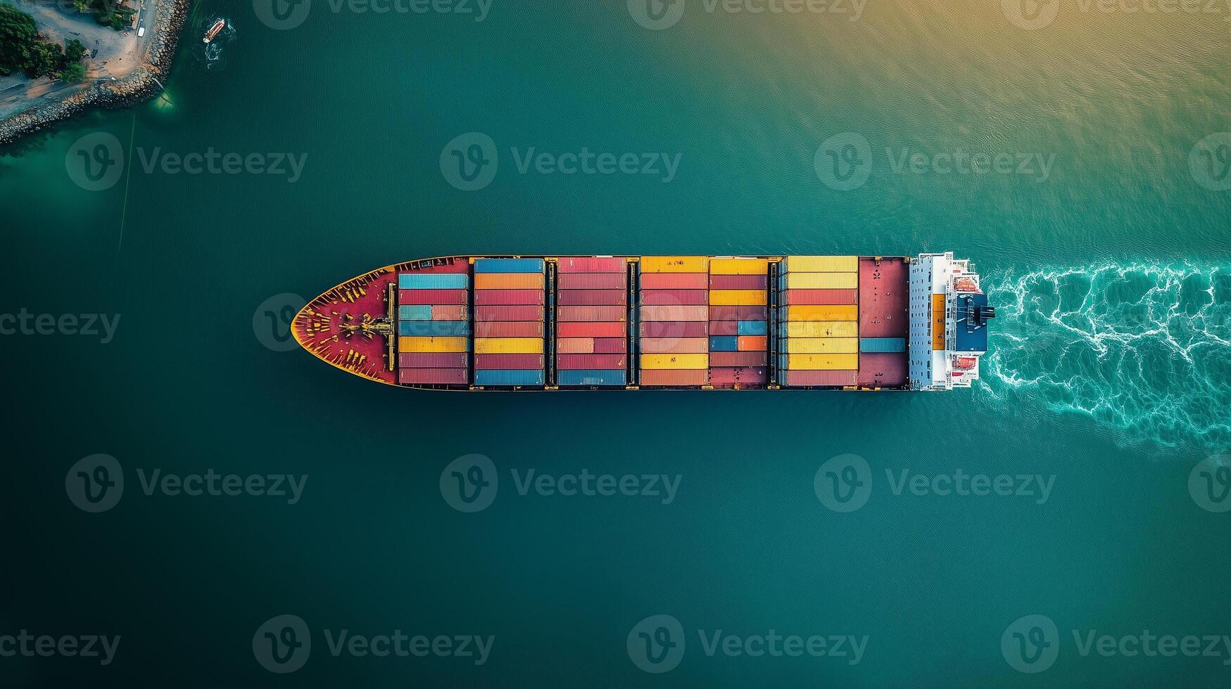 Aerial view of a large cargo ship navigating through turquoise waters during sunset photo