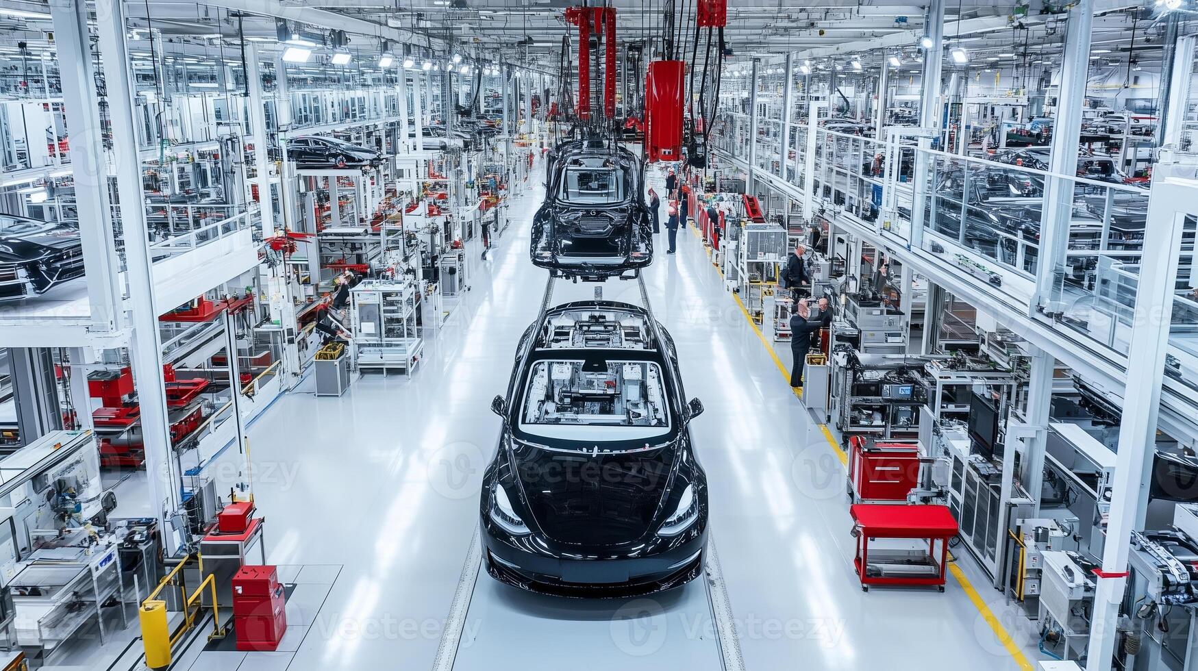 Electric car assembly line showcasing multiple vehicles in production at a large factory setting during the day photo